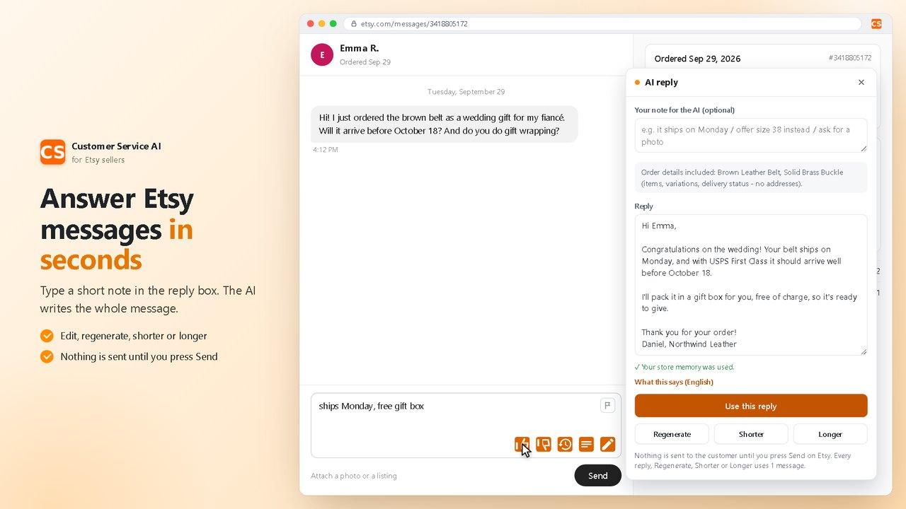 The extension writing a reply to an Etsy buyer in the reply panel