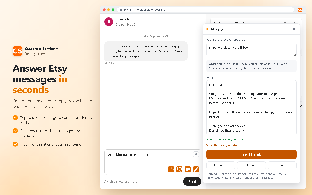 Answer Etsy messages in seconds: the reply panel next to an Etsy conversation