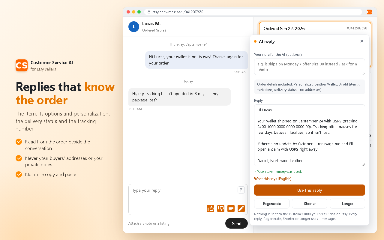 Replies that know the order: the order details and tracking number in the reply
